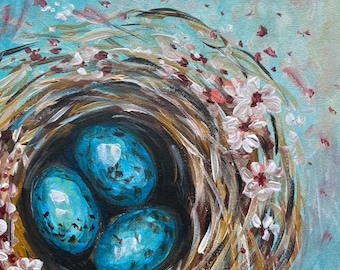 Original Bird Nest Painting: Spring Decor, Acrylic on Canvas (25x25 cm)