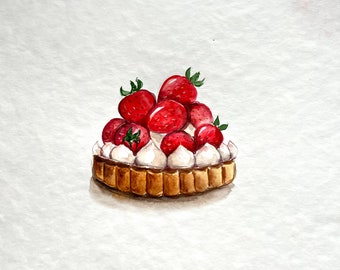 ストロベリーケーキの水彩画：オリジナルキッチンウォールアート