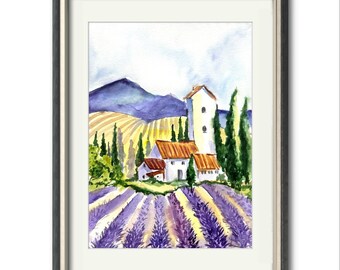 プロヴァンスのラベンダー畑の水彩画：フランスの風景画（8.3x11.4