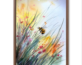 Bee Watercolor Painting: Original Floral Meadow Artwork (8x12 inch)