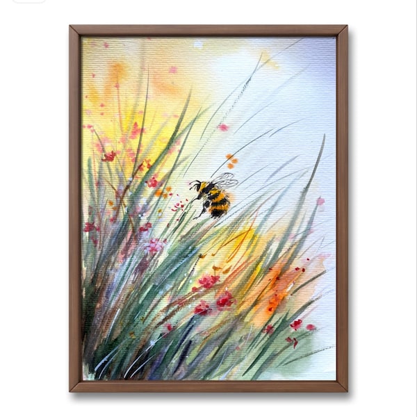 Bee Watercolor Painting: Original Floral Meadow Artwork (8x12 inch)