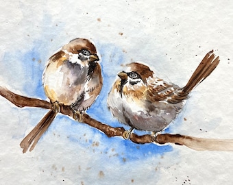 水彩画「おし鳥夫婦」 スズメのカップルの水彩画：オリジナルの鳥のアート（10 x 10インチ