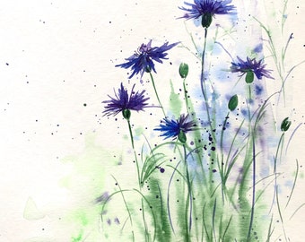 May include: Watercolor painting of blue cornflowers with green stems and leaves. The flowers have a detailed, textured appearance, with a soft, blurred background in shades of blue and green. The artwork is on a white background.