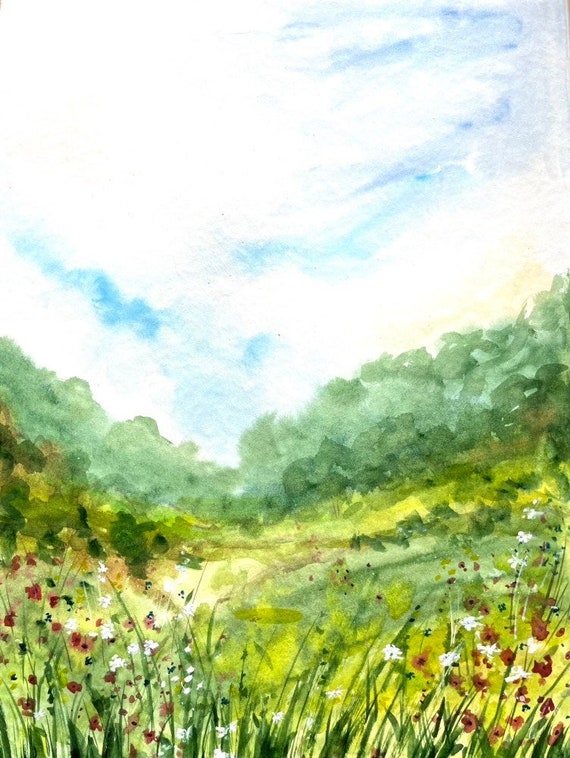 アルプスの草原の水彩画：印象派の風景画（11.8x15.7インチ） - Etsy 日本