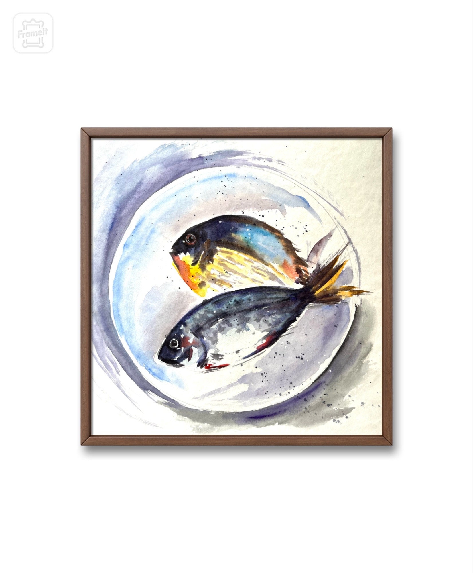 オリジナルの魚の水彩画：海岸沿いのキッチンの壁アート（25 x 25 cm