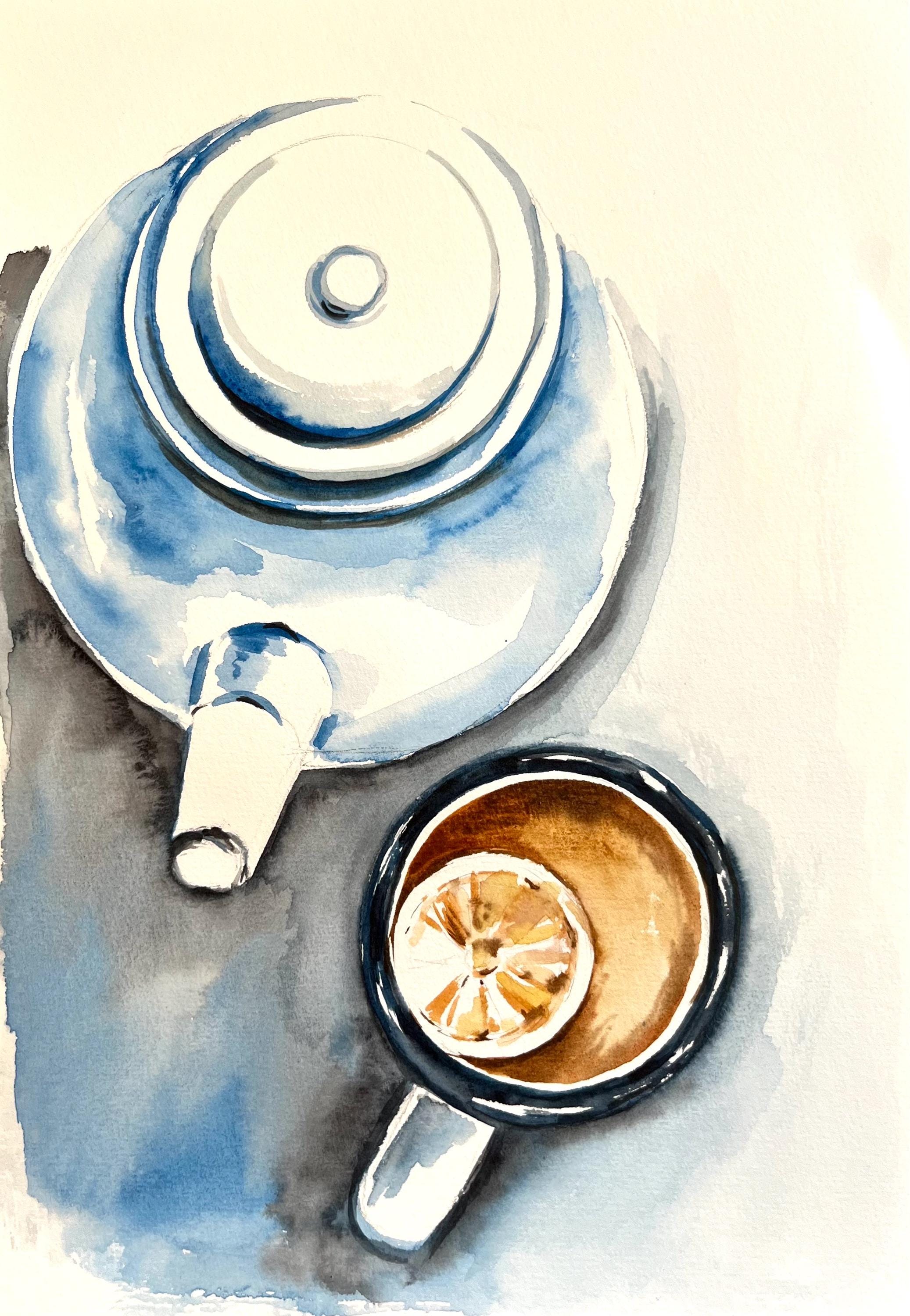 ティーポットとマグカップの水彩画：コーヒー愛好家への贈り物 - Etsy 日本