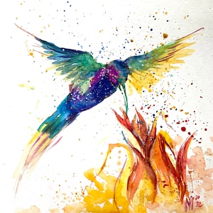 Hummingbird Watercolor Painting: Original Art, Home Decor (25x25 cm)