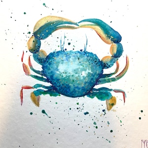 Aquarel blauwe krab: muurkunst kuststrandhuis (25 x 25 cm)