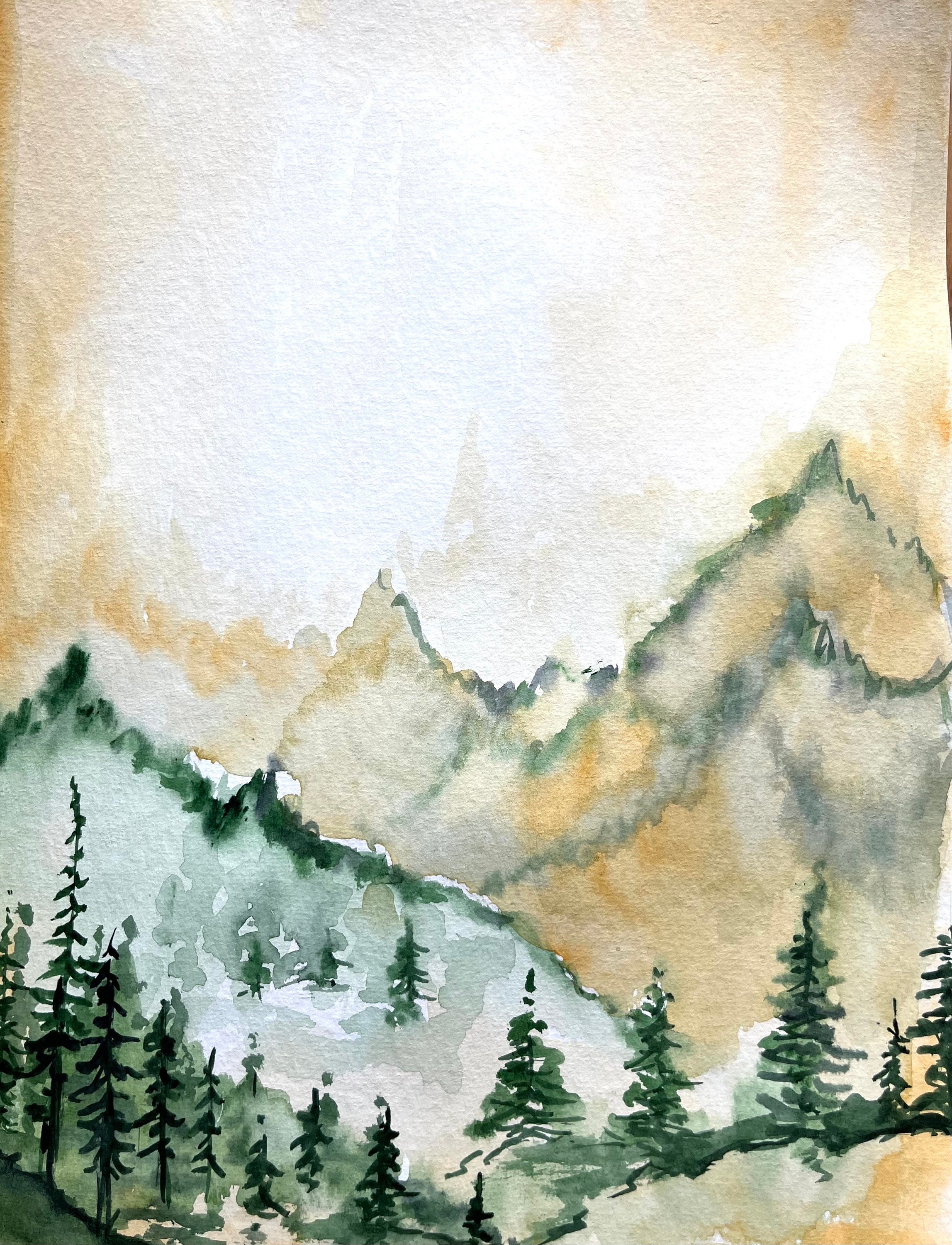山の水彩画：抽象風景画（9.4x12.6インチ） - Etsy 日本