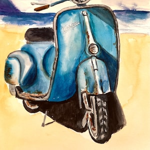 Pintura original de arte de pared con scooter vintage, Vespa, decoración de pared de casa de playa, scooter vintage, estilo boho, regalo para hermano, regalo para amigo