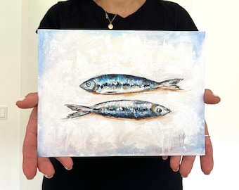 Sardine Art: Original Oil Painting, French Country Kitchen Decor (7x9 inch)