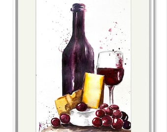 Wine and Cheese Watercolor Painting: Handmade Kitchen Wall Art (24x34 cm)