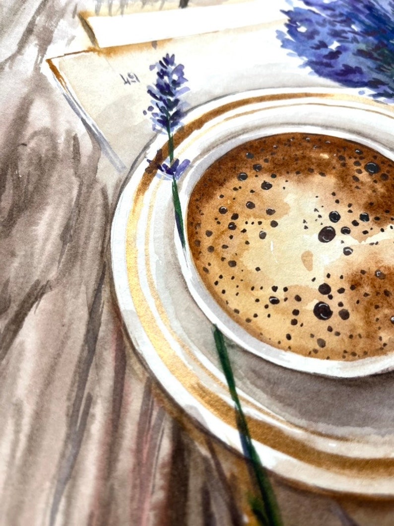 Watercolor Coffee Cup & Lavender Bouquet Painting: Paris Cafe Art image 8