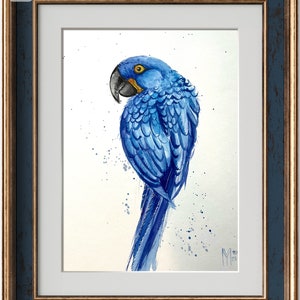 Blauer Papagei Aquarell: Original Vogel-Wandbild (23 x 30 cm)