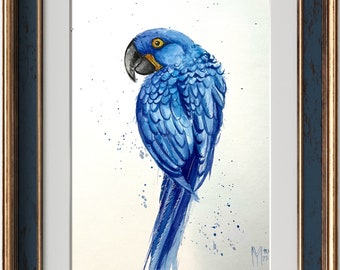 オリジナルのコンゴウインコの水彩画：細部までこだわった鳥の壁アート