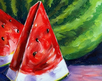 May include: An oil painting depicting two triangular slices of bright red watermelon with visible black seeds and white rinds, positioned in front of a large, textured green watermelon rind against a dark, purple-toned surface.