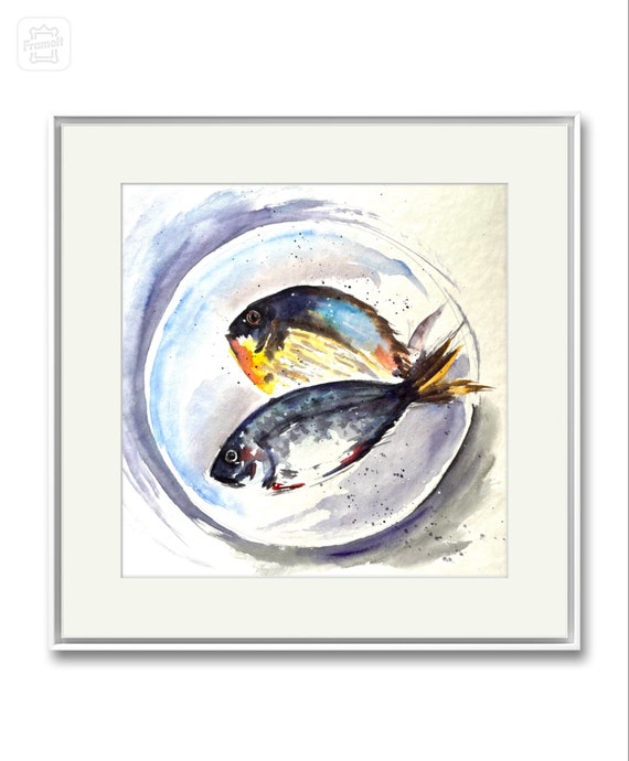 オリジナルの魚の水彩画：海岸沿いのキッチンの壁アート（25 x 25 cm