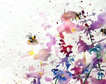 ラベンダーとミツバチの水彩画、花の草原アート（25 x 25 cm）