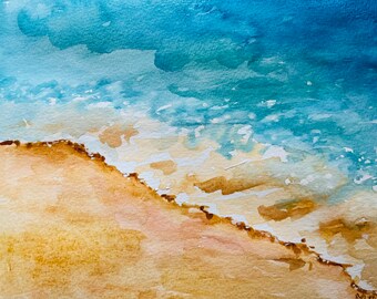 ギリシャの海景水彩画（オリジナル）：抽象的な海洋アート（7.9x11.8