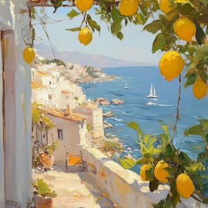 Vista di Amalfi con limoni, dipinto astratto, stampa artistica a olio, originale, decorazione per soggiorno, divano Italia, arte murale, regalo di compleanno, regalo di Natale