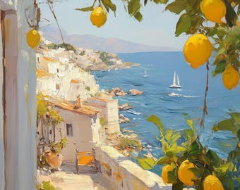 Amalfi Coast Lemon Art Print: Italian Coastal View, Abstract Painting