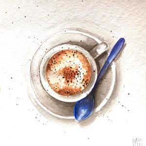 Handmade Coffee Mocha Watercolor Painting: Kitchen Coffee Bar Art (25x25 cm)
