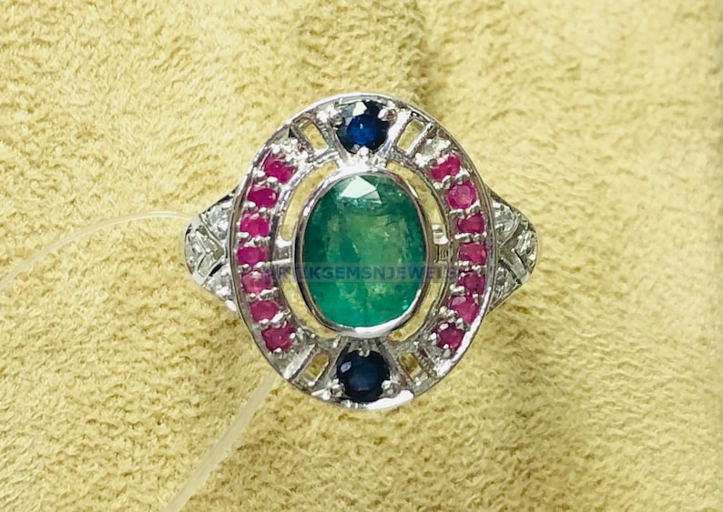 Multi Gemstone Ring for Women Emerald /& Ruby Sterling Silver Ring Engagement Ring for Her Cluster Silver Ring for Her
