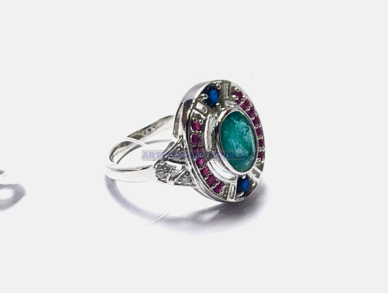 Multi Gemstone Ring for Women Emerald /& Ruby Sterling Silver Ring Engagement Ring for Her Cluster Silver Ring for Her
