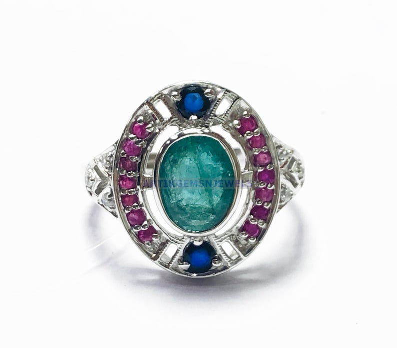 Multi Gemstone Ring for Women Emerald /& Ruby Sterling Silver Ring Engagement Ring for Her Cluster Silver Ring for Her