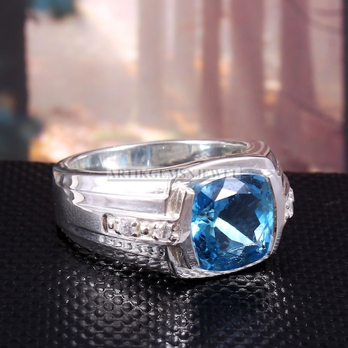 Blue Topaz Gemstone Ring for Men's, 925 Sterling Silver Ring, November Birthstone Ring for Him, Anniversary Gift for popular Men's