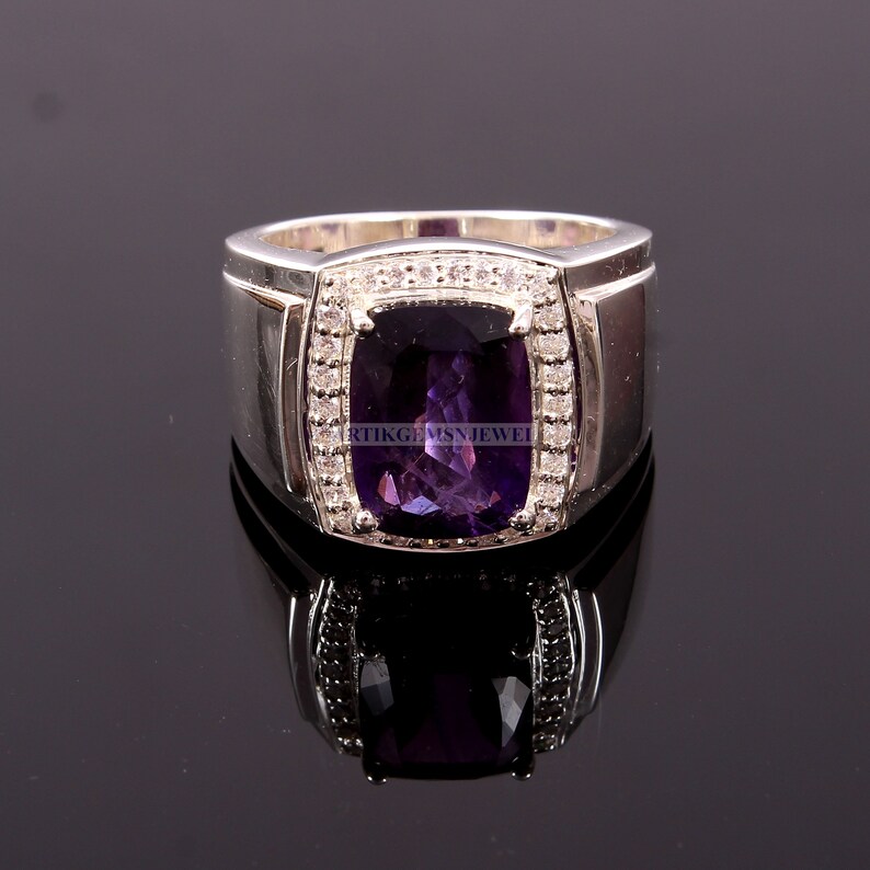 February Birthstone Ring 925 Sterling Silver Ring Desiger Silver Jewelry for Him Amethyst Gemstone Men/'s Ring