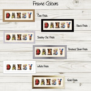 May include: Five different frame colors are shown with the word "DAISY" spelled out in each frame. The frames are oak, black, shabby chic, brushed silver, and gold.