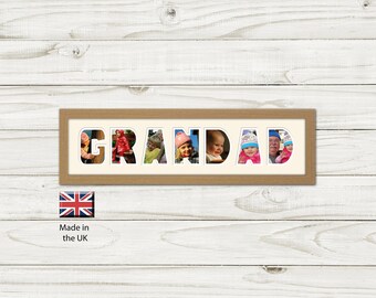 May include: A rectangular wooden frame containing a white mat with the word GRANDAD cut out. Each letter displays a different photograph of children and adults. The frame includes a small graphic of the Union Jack flag and the text Made in the UK.