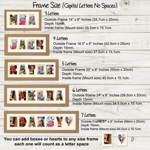 May include: A guide to frame sizes for personalized photo frames, with examples of names spelled out using photos. The frame sizes are listed in inches and centimeters, with the depth of the frame and the mount size included. The text reads "Frame Size (Capital Letters No Spaces)" and "You can add boxes or hearts to any size frame each one will count as a letter space".