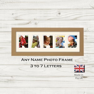 May include: A rectangular light brown wooden photo frame featuring a white mat with five cutouts shaped like the letters N, A, M, E, S. Each letter cutout displays a different photograph of children and adults. Text reads Any Name Photo Frame 3 to 7 Letters.