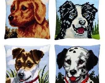 Pako Dog Lovers Chunky Cross Stitch Embroidery Cushion Pillow Craft Kit - 40 x 40cm  Dalmatian Jack Russell Labrador Collie