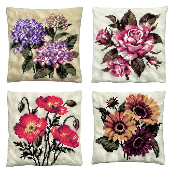 Pako Chunky Cross Stitch Flower Embroidery Cushion Pillow Craft Kit - 40 x 40cm  Sunflower Rose Hydrangea Poppy Flowers