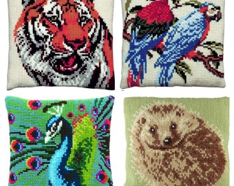 Pako Animal Chunky Cross Stitch Embroidery Cushion Pillow Craft Kit - 40 x 40cm Tiger Birds Hedgehog Peacock Parrot