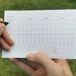 May include: A white cricket scorecard with black grid lines and text. The scorecard has columns for each over, with numbers 1 through 14 at the top. The scorecard also has rows for each run, with numbers 1 through 50 on the left side. The scorecard has sections for "Toss Won By", "Batting Side", "Bowler", "Start", "Drinks", "Finish", "Total", "Wkts", and "Overs".