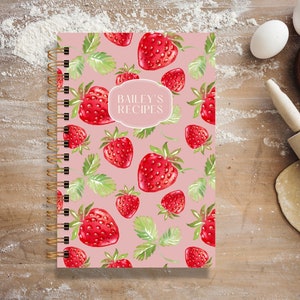 Personalized Hardcover Recipe Book Pink Strawberries Two Lines