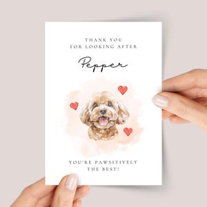 May include: A greeting card with a watercolor illustration of a dog, surrounded by red hearts. The card reads "Thank you for looking after Pepper. You're pawsitively the best!"