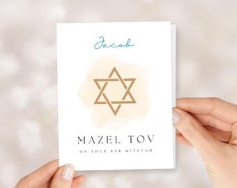 Personalized Bar Mitzvah Card With Star of David, Mazel Tov Card for Jewish Boys Turning 12