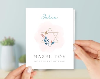 Personalized Bat Mitzvah Card With Star of David, Mazel Tov Card for Jewish Girls Turning 12
