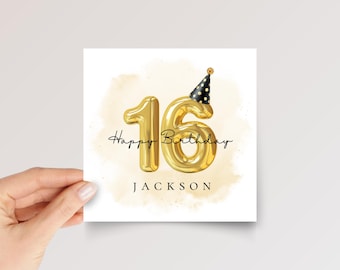 May include: A square greeting card featuring the text Happy Birthday and the name JACKSON in black font. The design includes large, metallic gold balloon-style numbers 16, with a small black party hat with gold polka dots on the number 6.