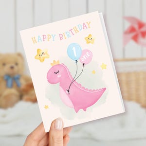 Niedliche rosa Dinosaurier Geburtstagskarte für ersten Geburtstag / 1 Jahr alt