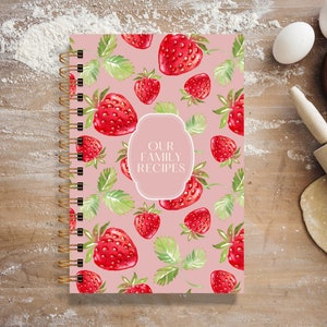 Personalized Hardcover Recipe Book Pink Strawberries Three Lines