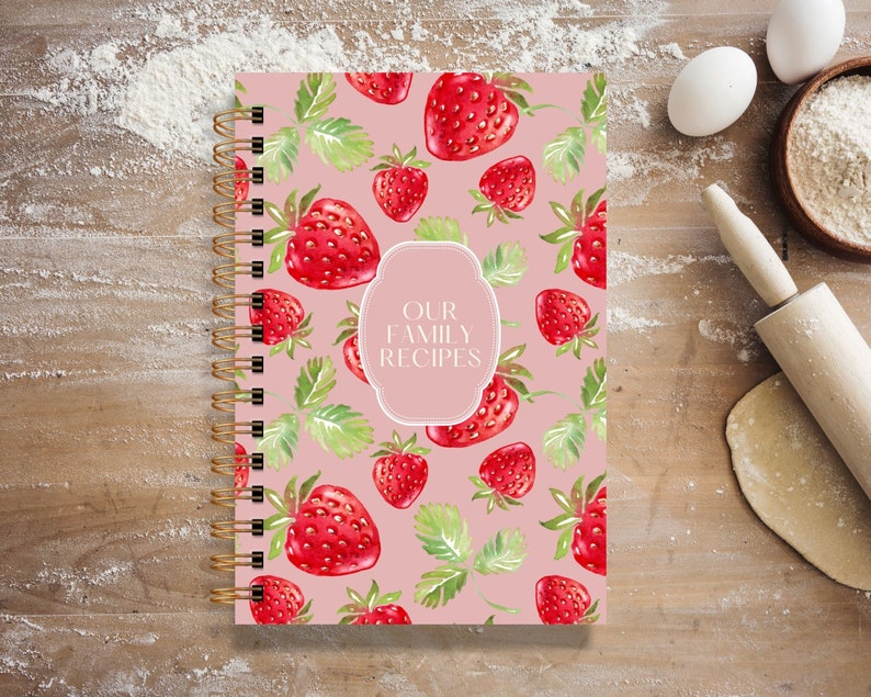 Personalized Hardcover Recipe Book Pink Strawberries Three Lines