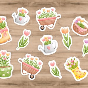 Pack d'autocollants de jardinage avec tulipes, arrosoirs et brouettes