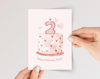 Personalized 2nd Birthday Card for Girl Turning Two with Cake and Candle