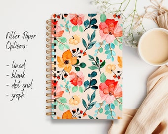 Hardcover Spiral Journal — Watercolor florals (teal)